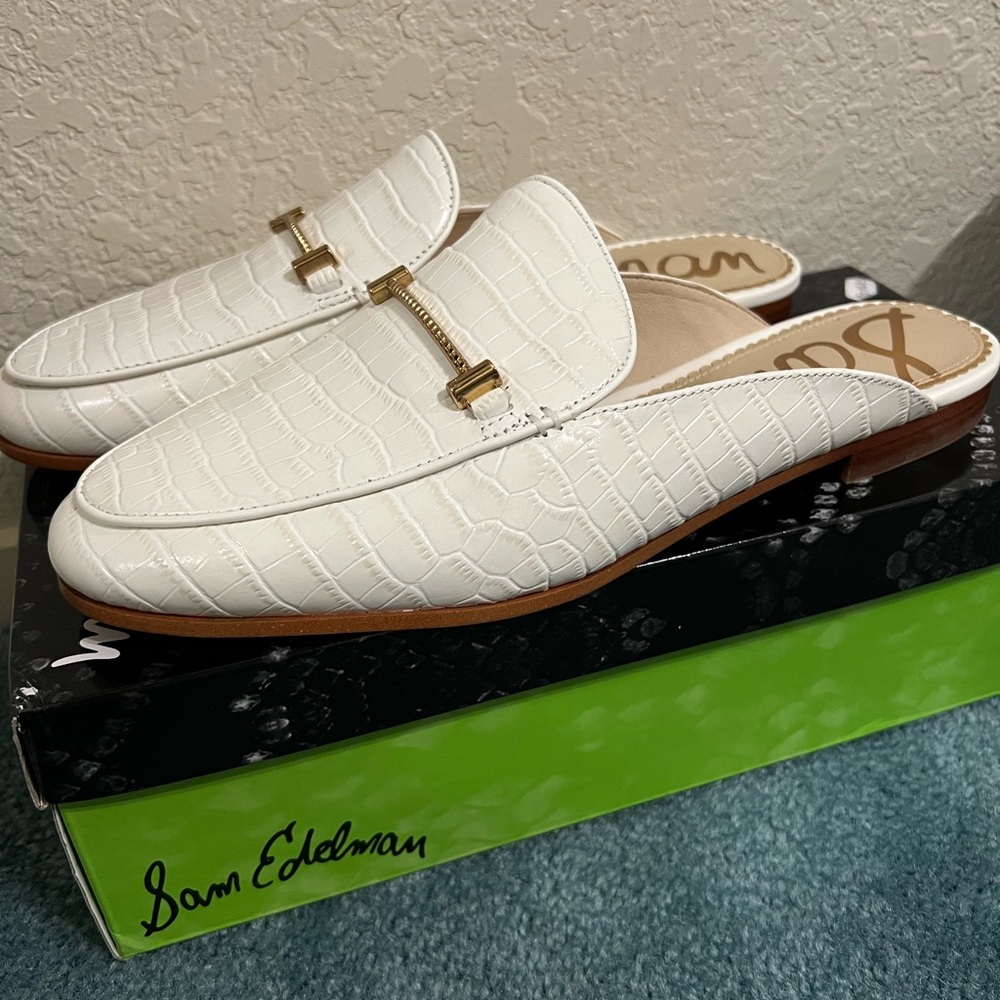 Sam Edelman White Croc-Embossed Loafers with Gold Detail